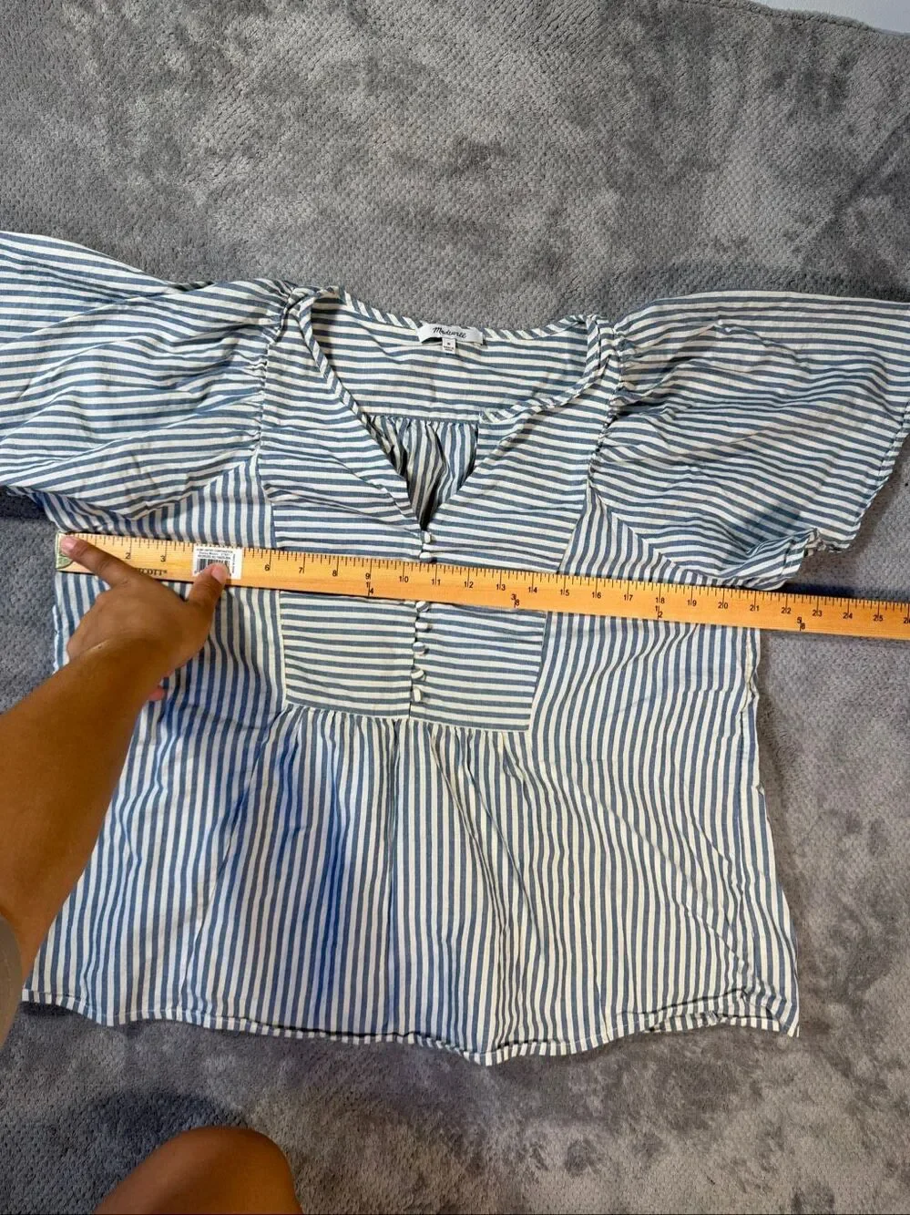Madewell Courtyard Striped Puff Sleeve Peplum Blouse Medium Blue White Button Fr